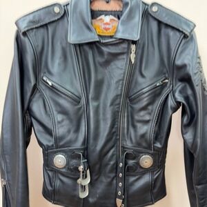 Harley-Davidson Leather Motorcycle Jacket Womens M Black Biker Studded Braided‎